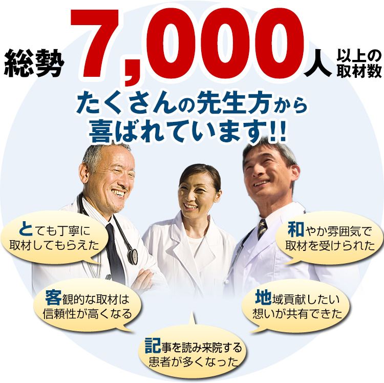 総勢2,500人以上の取材数!!　たくさんの先生方から喜ばれています！！　とても丁寧に取材してもらえた／客観的な取材は信頼性が高くなる／記事を読み来院する患者が多くなった／地域貢献したい想いが共有できた／和やかな雰囲気で取材を受けられた